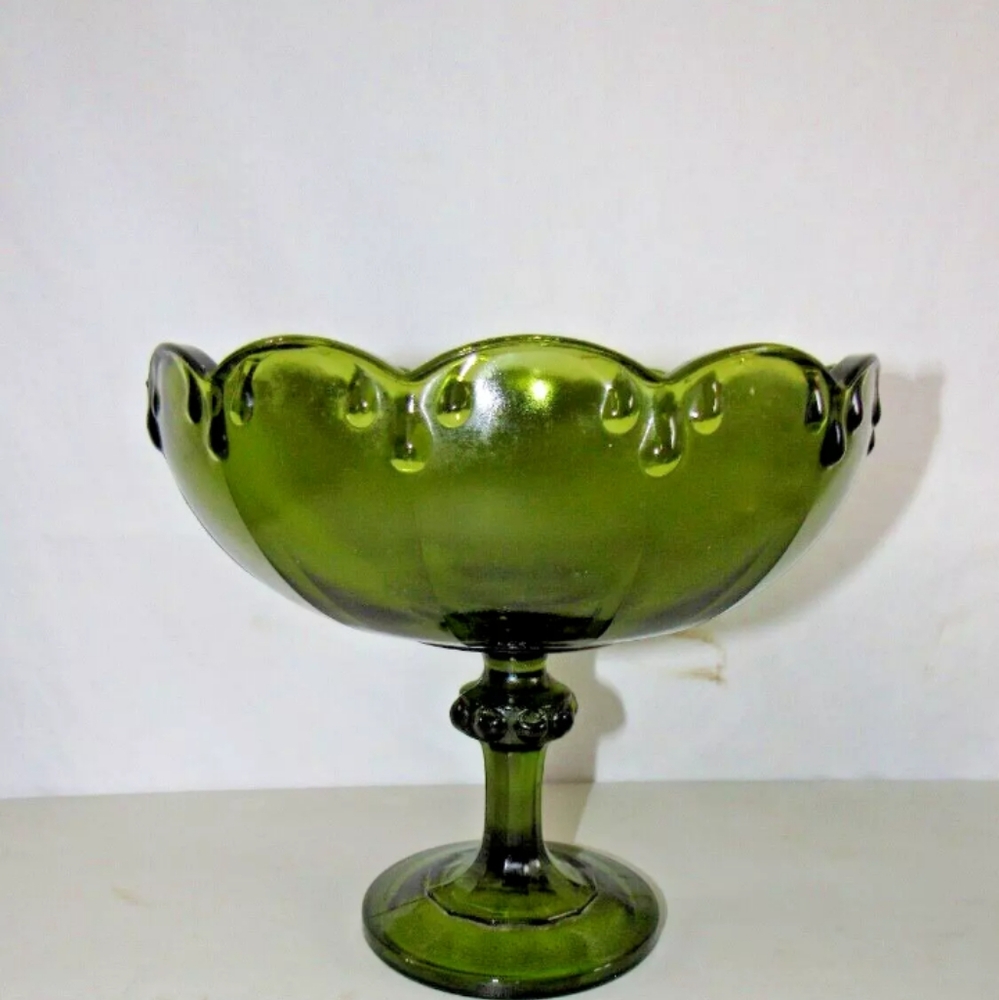 VTG Indian GLASS AVOCADO GREEN ROUND TEARDROP X-LARGE COMPOTE CANDY DISH OBO